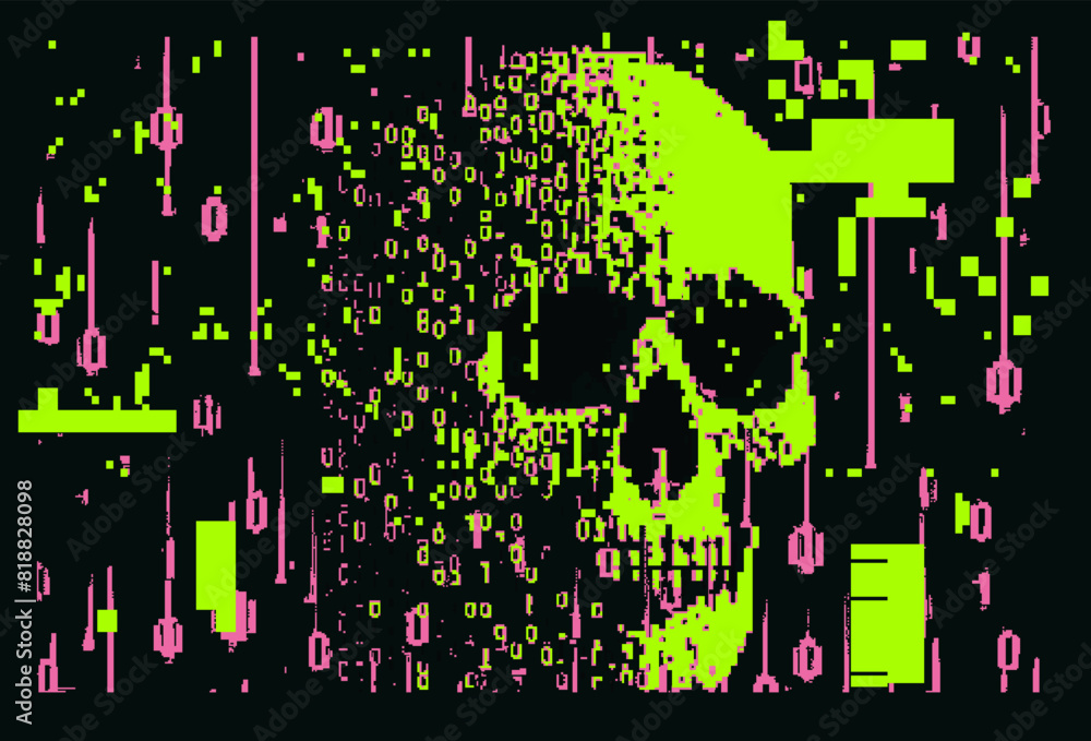 Poster Collage of a skull and binary code on a glitchy pixelated background. The concept of cybersecurity and malware.