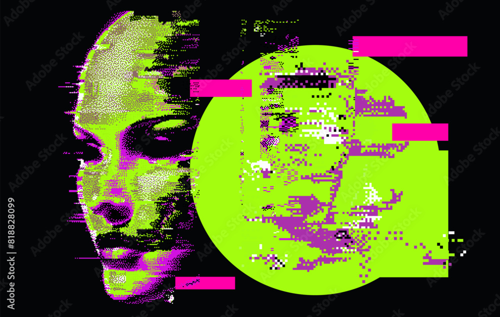 Aufkleber glitched distorted 3d human face on a dark background. conceptual vector illustration on the topic o