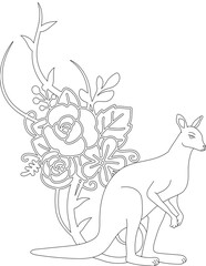 Kangaroo and A Floral Vine Coloring Page. Printable Coloring Worksheet for Adults and Kids. Educational Resources for School and Preschool.