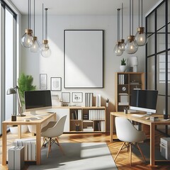 A Room with a mockup poster empty white and with two computers and a large window realistic attractive has illustrative art.