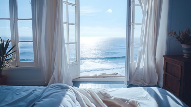A window with a picturesque view of a scenic landscape, with white tones and good lighting,