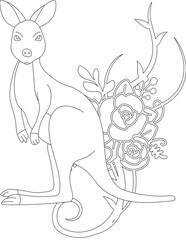 Kangaroo and A Floral Vine Coloring Page. Printable Coloring Worksheet for Adults and Kids. Educational Resources for School and Preschool.