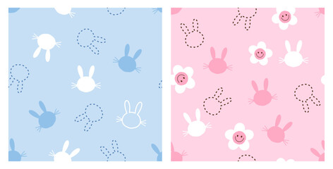 Seamless pattern with bunny rabbit cartoons and daisy flower on blue and pink backgrounds vector. Cute childish print.