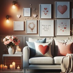 living room space have couch with pillows and a vase of flowers on a table used for printing card design lively has illustrative.