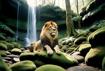 lion sitting by waterfall (500)