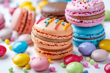 Vibrant Array of Macarons and Candies on White Background  