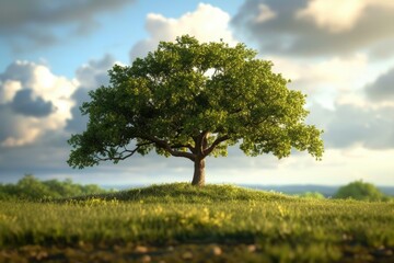Fototapeta premium Lone tree on a grassy hill with a cloudy sky