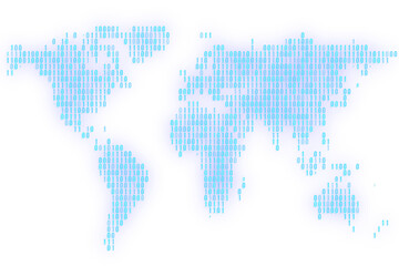 Fototapeta premium Digital binary code forming a world map silhouette on a white background, depicting global data connectivity concept