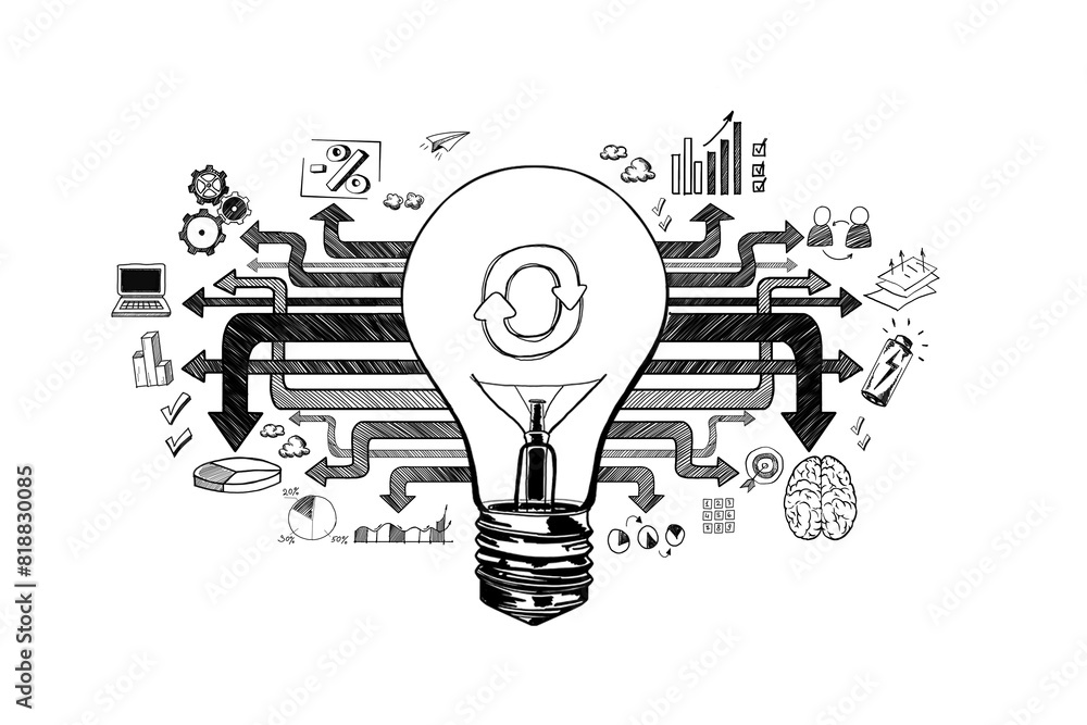Poster hand-drawn business concept with a lightbulb and various success and strategy symbols on a white bac