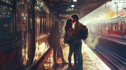 Couple sharing whispered words of love as they embrace on the platform