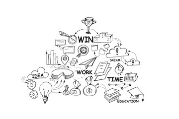 Hand-drawn doodles related to success and work, such as a trophy and lightbulb, on a white background, representing business concepts