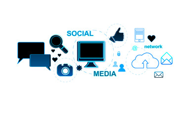 A digital collage of social media and communication icons in blue with a white background, illustrating the concept of online networking