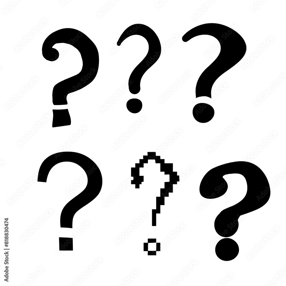 Poster four black question marks in different styles on a white background, representing confusion or inqui