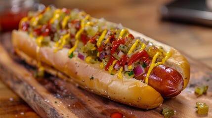 All-American hot dog topped with mustard, ketchup, onions, and relish in a soft bun