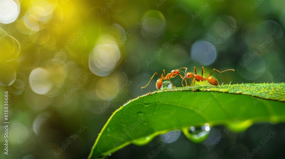 Poster ants drinking from a drop of water on a leaf