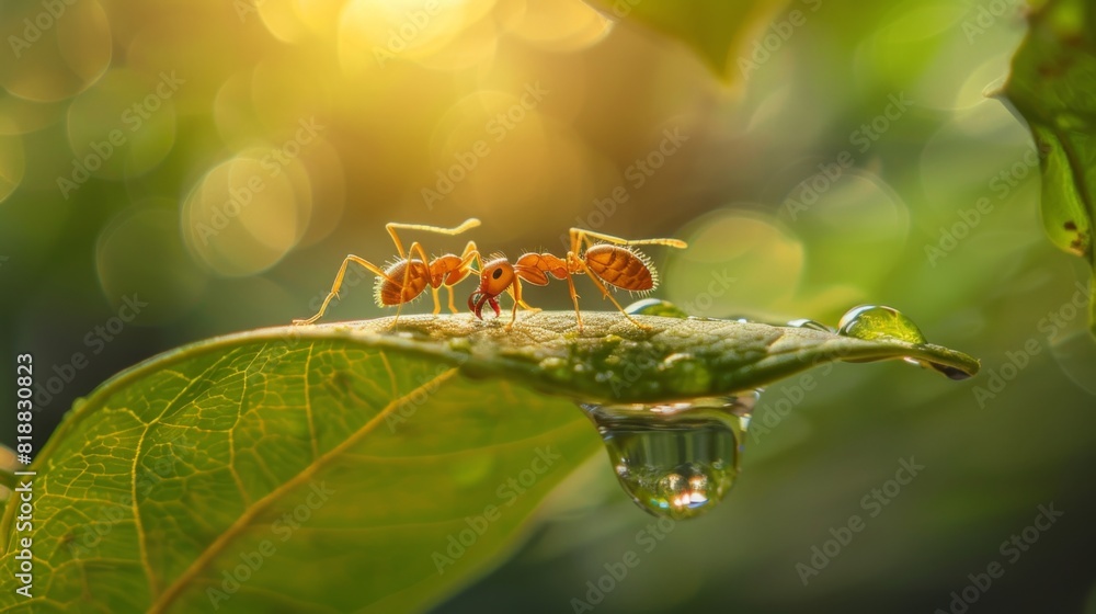Poster ants drinking from a drop of water on a leaf