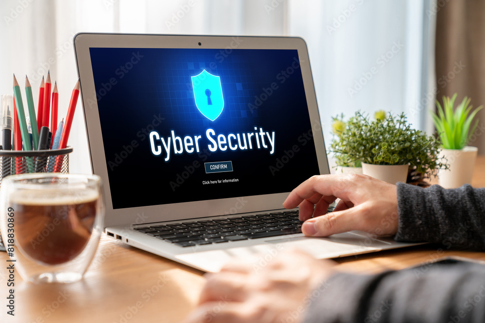 Poster cyber security system on computer screen protect private information snugly from hacker and cyber at