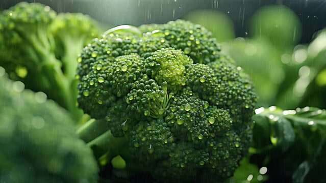 Video recreation of a green broccoli branch under the rain