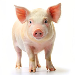 A piglet stands on a white surface in front of a white background.