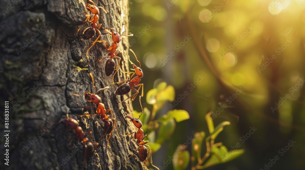 Poster ants working together to move a piece of food up a tree trunk