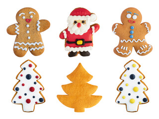 A collection of various colorful Christmas cookies on a white background. Close-up.