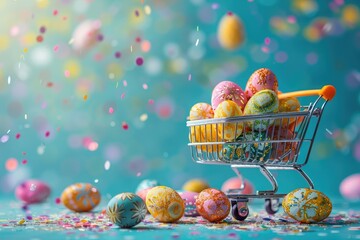An overturned shopping cart on the ground and spilling colorful Easter eggs on a blue background - Powered by Adobe