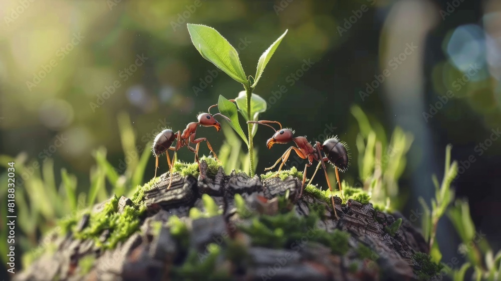 Poster ants working together to move a piece of food up a tree trunk