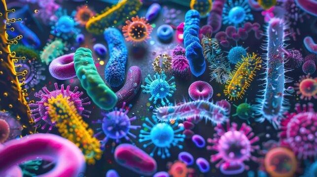  Bacteria diversity under microscopic magnification background, dangerous microorganism strain for medical health, prokaryotic cells