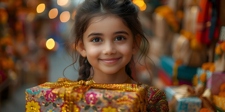 A festive gathering with friends and family exchanging Diwali gifts, with colorful wrapping and joyful expressions