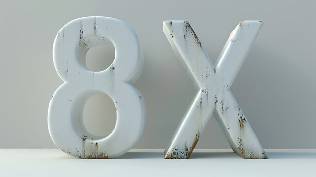 8x written in 3D. White backround. Front view.