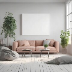 A living Room with a mockup poster empty white and with a couch and plants art harmony attractive.