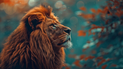 Naklejka premium Lion photo style illustration background. Animal lion concept poster. Creative graphic design. Digital artistic raster bitmap. AI artwork. 