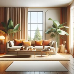 A living Room with a mockup poster empty white and with a couch and plants art harmony realistic harmony.