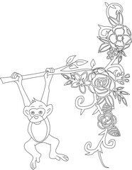 Monkey and A Floral Vine Coloring Page. Printable Coloring Worksheet for Adults and Kids. Educational Resources for School and Preschool.