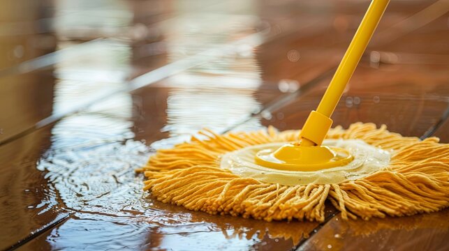 Sparkling clean home with bright yellow mop on wet wooden floor