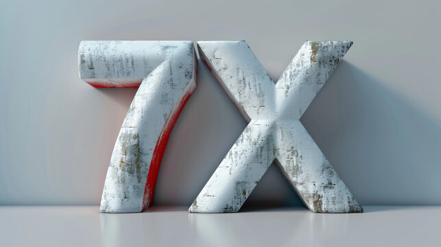 7x written in 3D. White backround. Front view.