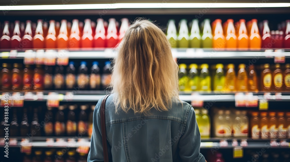 Wall mural Woman stands in front of supermarket shelves with colorful products. Generative AI.