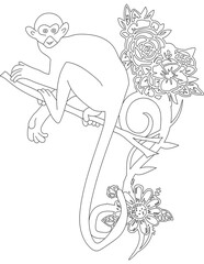 Fototapeta premium Monkey and A Floral Vine Coloring Page. Printable Coloring Worksheet for Adults and Kids. Educational Resources for School and Preschool.