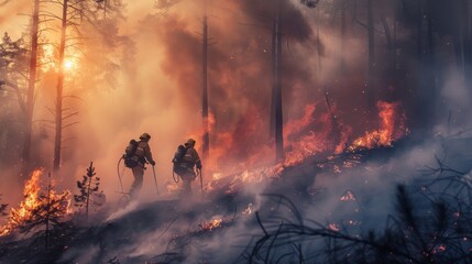 Obraz premium Brave firefighters battling raging forest flames amidst smoke and ash