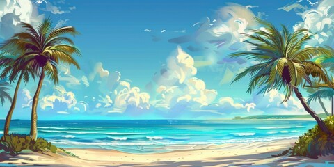 Beach sky sea vacation palm trees, illustration.