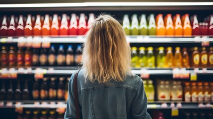 Woman stands in front of supermarket shelves with colorful products. Generative AI.
