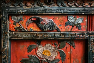 Asian antique vintage wooden cabinet top with tropical