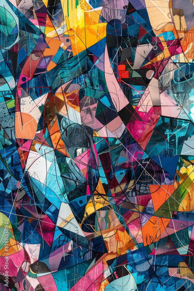 Poster abstract art reflecting chaos of a troubled mind through overlapping lines and confusing figures.