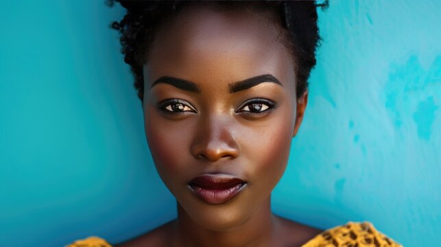 Beautiful black woman portrait on blue background