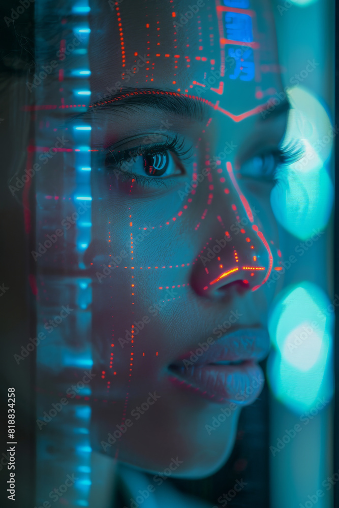 Poster facial recognition technology interface scanning person's face for identity verification on a securi