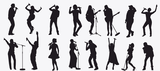 Set of singer silhouette. country music, rock stars, pop musician and hip hop rapper artist vocalists. 