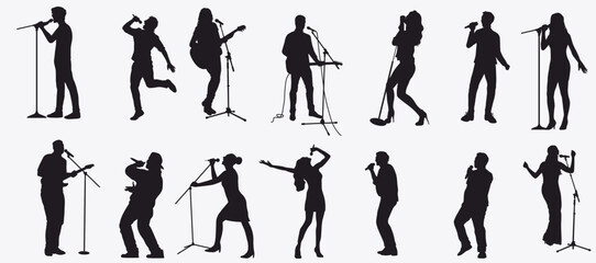 male and female singers silhouette set. man and woman artist with mic performing. 