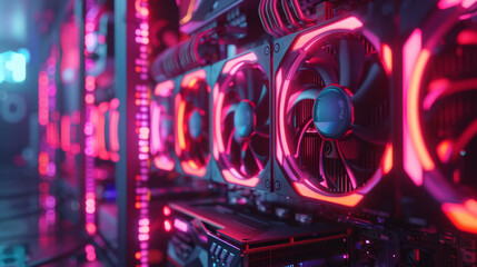 Fototapeta premium High-tech mining setup with powerful graphic cards, cooling systems, and neon lights.