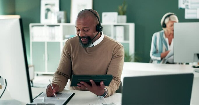 Black man, tablet or mature virtual assistant in call center for tech support consulting in telemarketing in headset. Broker, financial advisor or African consultant in telecom sales for loan advice