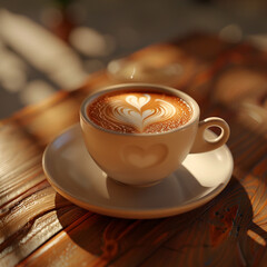 Una modelo pelirroja sostiene un café con leche con arte latte en forma de corazón, sentada en una cafetería con luz natural. 